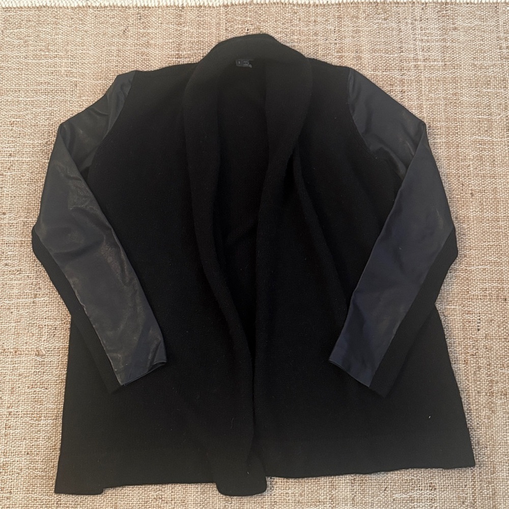 Vince Black Wool open Shawl Cardigan Leather Sleeves Size Small